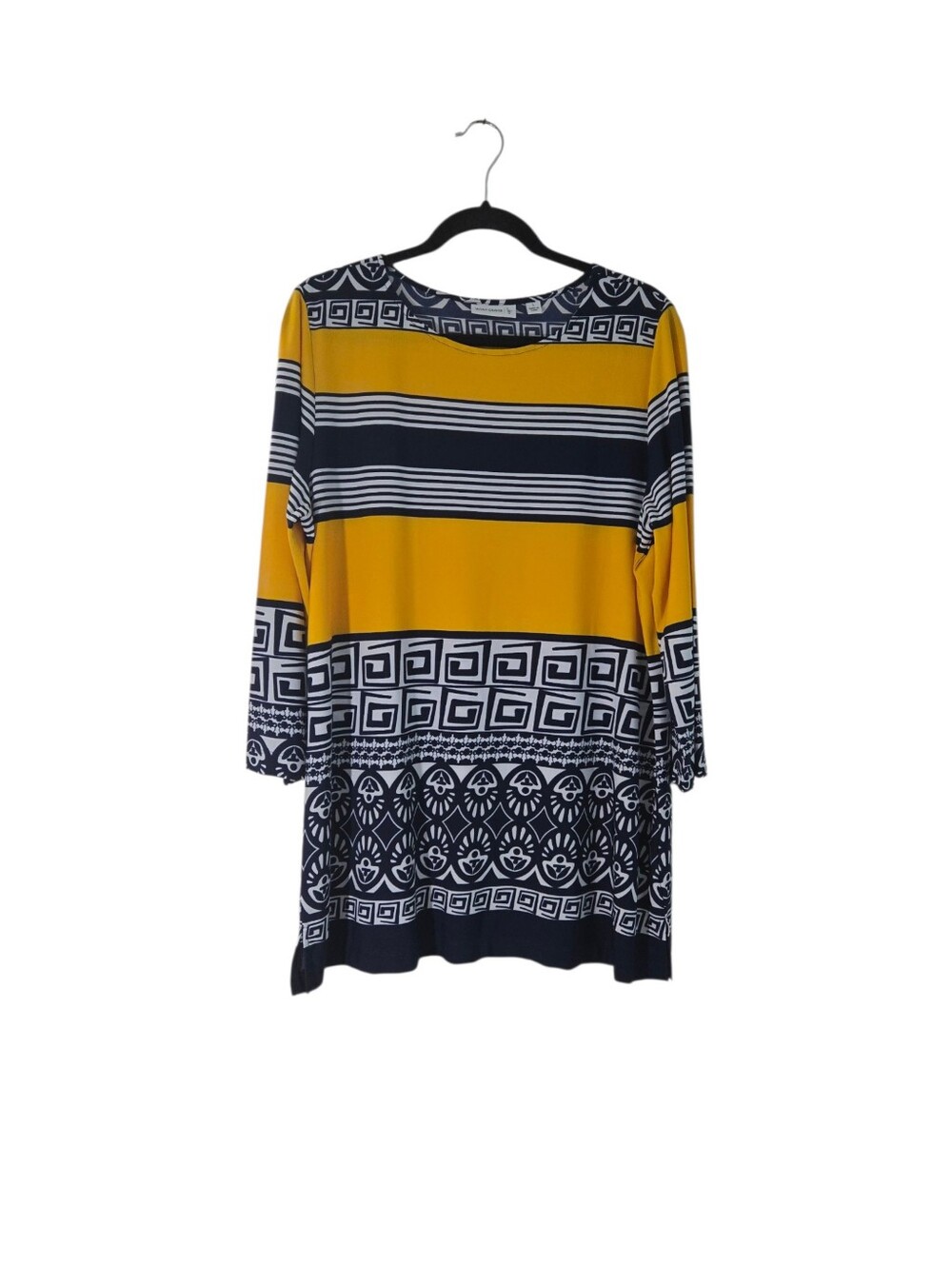 Susan Graver Women's Mustard and Navy Patterned Tunic Top Sze L